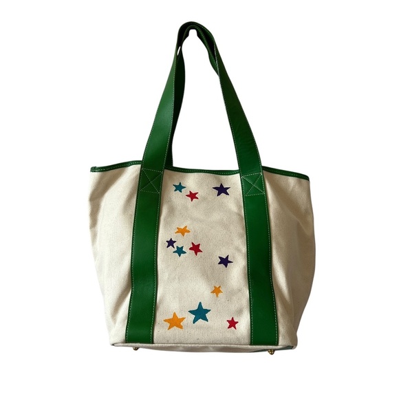 CORROON BIG BEACH DADDY TOTE AND ZIP CLUTCH LINEN STARS LEATHER TRIM COASTAL NEW